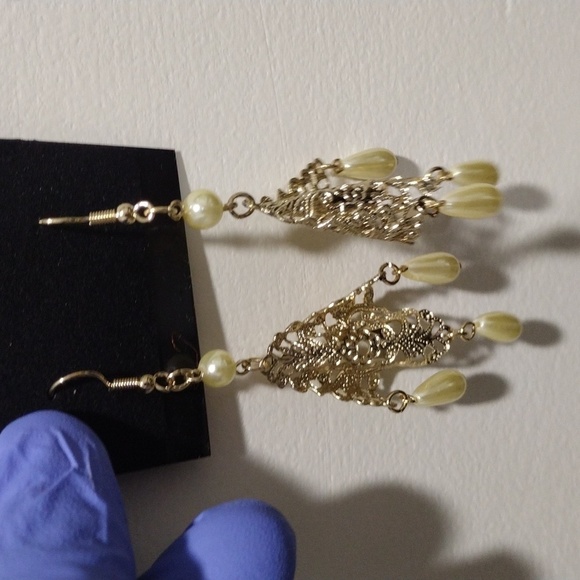 Women's Gold-tone Filigree Design 3.5" Long Beaded Drop Dangle Earrings, #3 - Picture 6 of 6